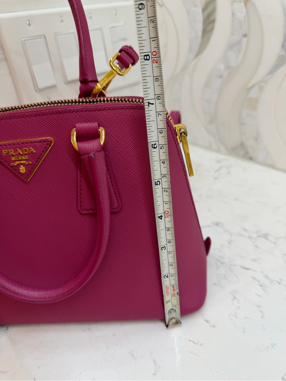 Prada Magenta Saffiano Mini Pyramid Bag with Gold Hardware. Excellent pre-loved. - Picture 4 of 15